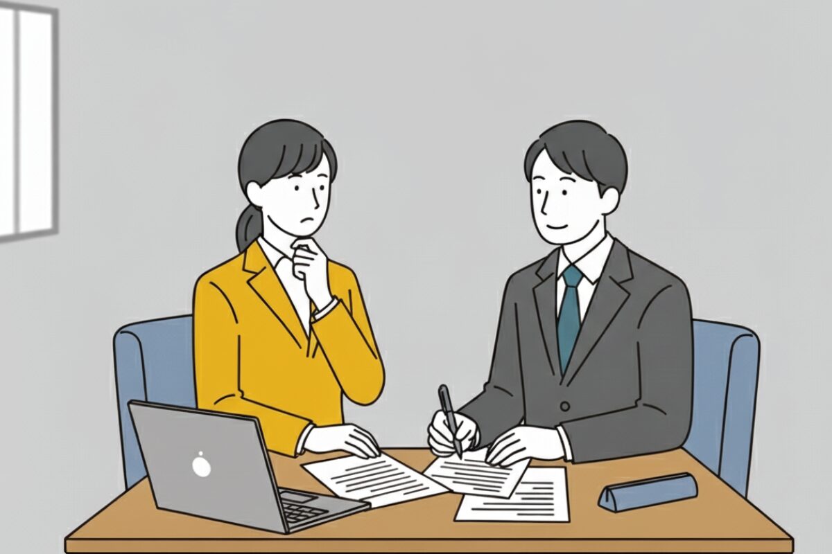 派遣会社の担当者とキャリアについて相談する派遣スタッフ